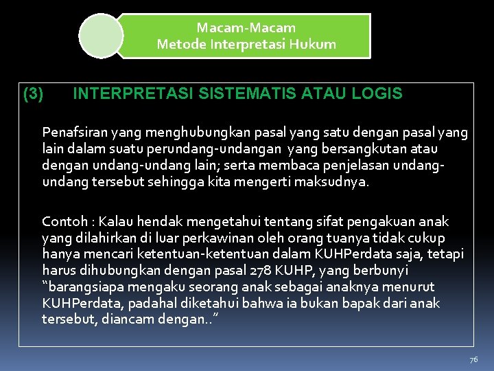 Macam-Macam Metode Interpretasi Hukum (3) INTERPRETASI SISTEMATIS ATAU LOGIS Penafsiran yang menghubungkan pasal yang Macam-Macam Metode Interpretasi Hukum (3) INTERPRETASI SISTEMATIS ATAU LOGIS Penafsiran yang menghubungkan pasal yang