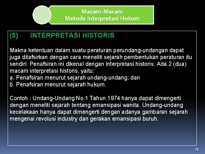 Macam-Macam Metode Interpretasi Hukum (5) INTERPRETASI HISTORIS Makna ketentuan dalam suatu peraturan perundang-undangan dapat Macam-Macam Metode Interpretasi Hukum (5) INTERPRETASI HISTORIS Makna ketentuan dalam suatu peraturan perundang-undangan dapat