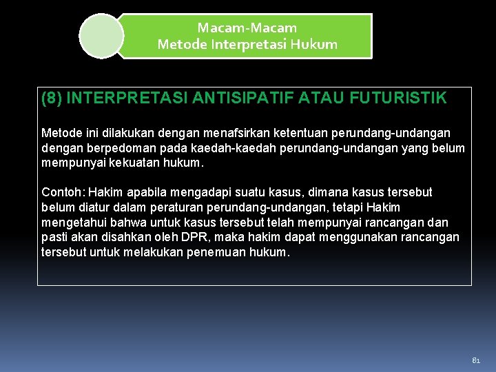 Macam-Macam Metode Interpretasi Hukum (8) INTERPRETASI ANTISIPATIF ATAU FUTURISTIK Metode ini dilakukan dengan menafsirkan Macam-Macam Metode Interpretasi Hukum (8) INTERPRETASI ANTISIPATIF ATAU FUTURISTIK Metode ini dilakukan dengan menafsirkan