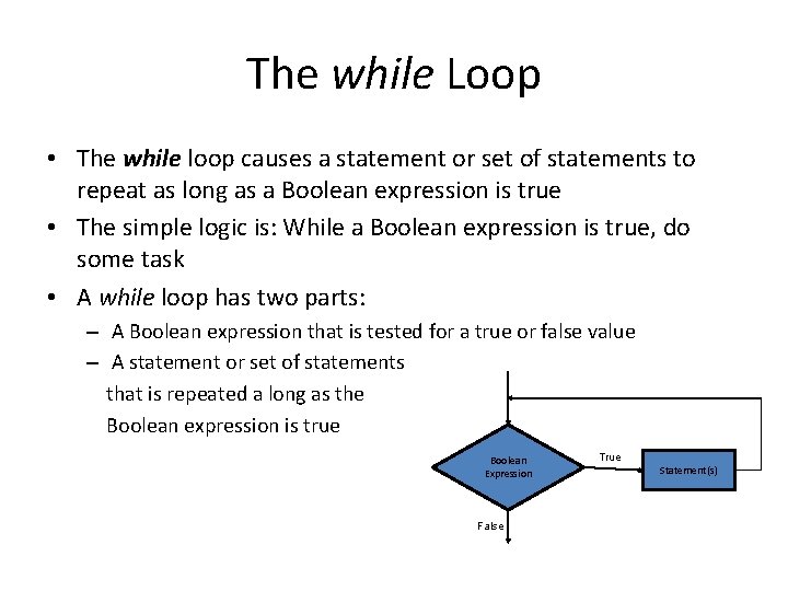 The while Loop • The while loop causes a statement or set of statements