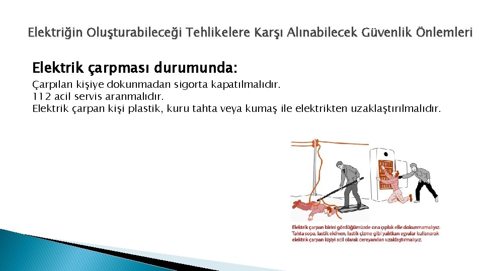 Elektriğin Oluşturabileceği Tehlikelere Karşı Alınabilecek Güvenlik Önlemleri Elektrik çarpması durumunda: Çarpılan kişiye dokunmadan sigorta