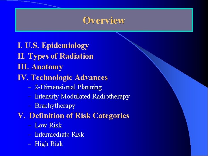 Overview I. U. S. Epidemiology II. Types of Radiation III. Anatomy IV. Technologic Advances