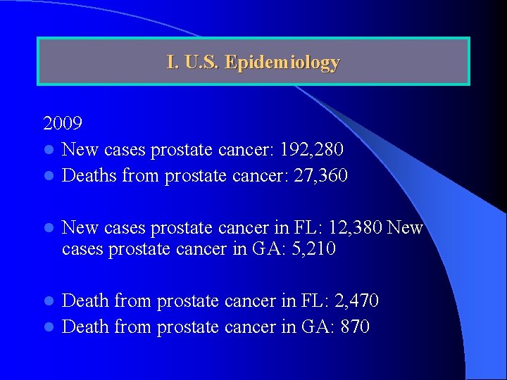 I. U. S. Epidemiology 2009 l New cases prostate cancer: 192, 280 l Deaths