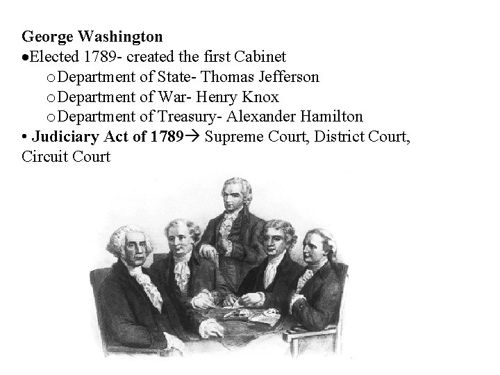 George Washington Elected 1789 - created the first Cabinet o. Department of State- Thomas