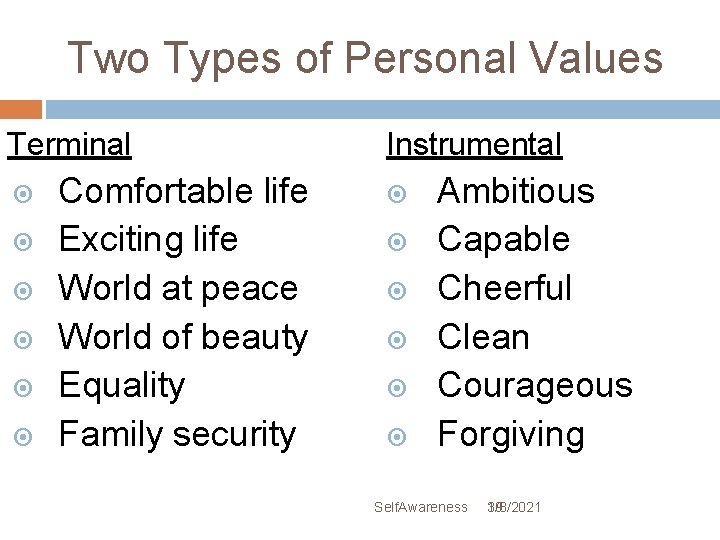  Two Types of Personal Values Terminal Comfortable life Exciting life World at peace