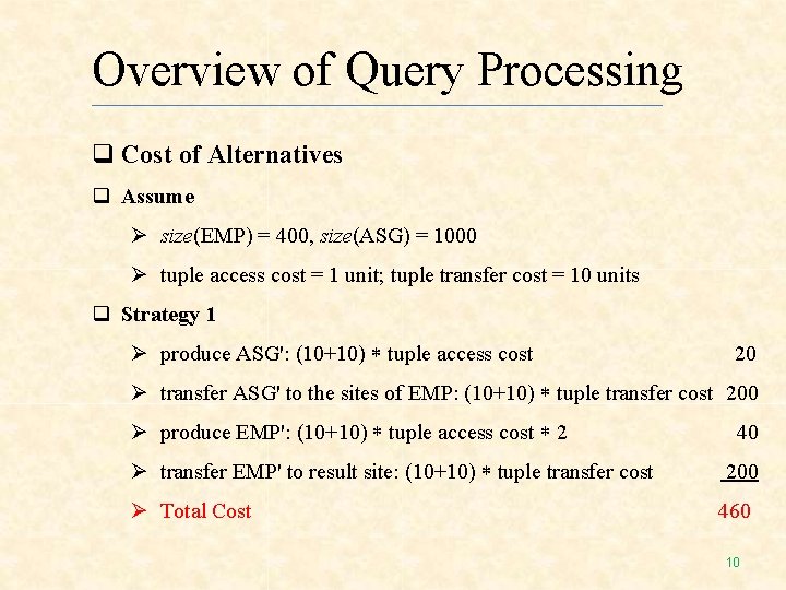 Overview of Query Processing Cost of Alternatives Assume size(EMP) = 400, size(ASG) = 1000 Overview of Query Processing Cost of Alternatives Assume size(EMP) = 400, size(ASG) = 1000