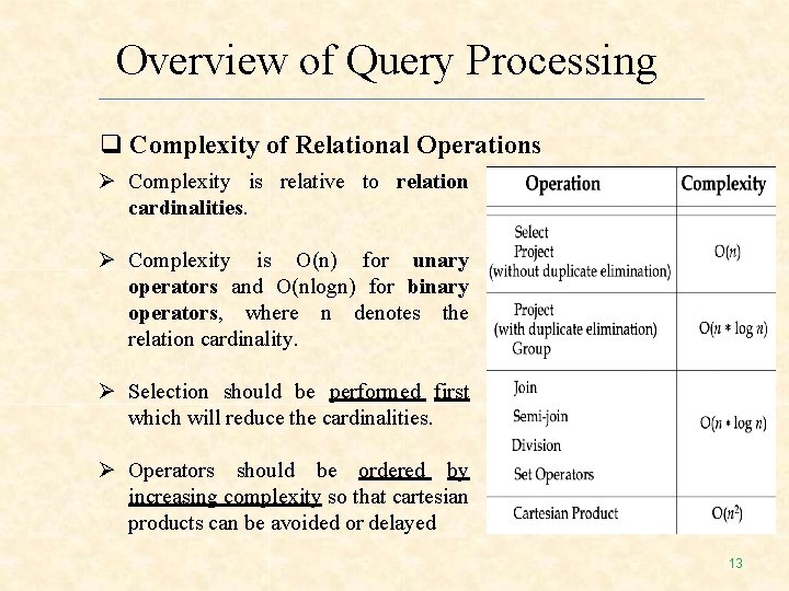 Overview of Query Processing Complexity of Relational Operations Complexity is relative to relation cardinalities. Overview of Query Processing Complexity of Relational Operations Complexity is relative to relation cardinalities.