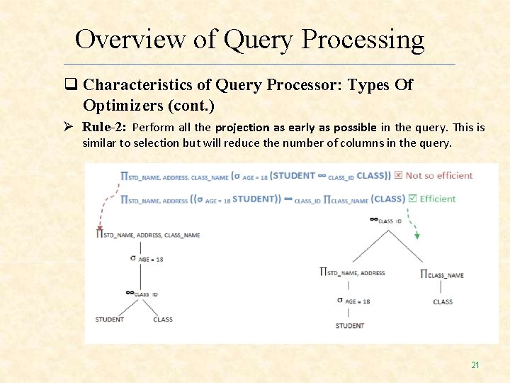 Overview of Query Processing Characteristics of Query Processor: Types Of Optimizers (cont. ) Rule-2: Overview of Query Processing Characteristics of Query Processor: Types Of Optimizers (cont. ) Rule-2: