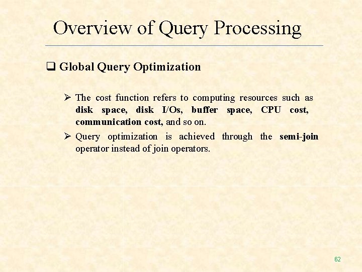 Overview of Query Processing Global Query Optimization The cost function refers to computing resources Overview of Query Processing Global Query Optimization The cost function refers to computing resources