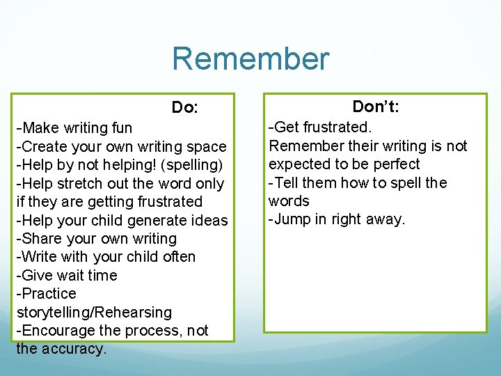 Remember Do: Don’t: -Make writing fun -Get frustrated. -Create your own writing space -Help Remember Do: Don’t: -Make writing fun -Get frustrated. -Create your own writing space -Help