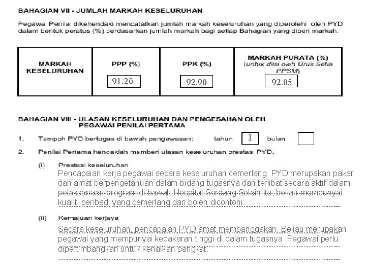 91. 20 92. 05 92. 90 1 Pencapaian kerja pegawai secara keseluruhan cemerlang. PYD