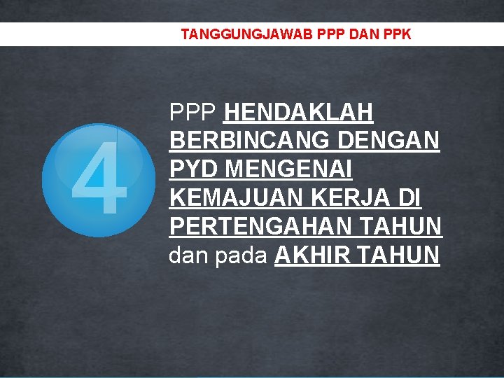 TANGGUNGJAWAB PPP DAN PPK 4 PPP HENDAKLAH BERBINCANG DENGAN PYD MENGENAI KEMAJUAN KERJA DI