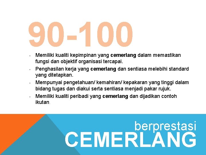 90 -100 § § Memiliki kualiti kepimpinan yang cemerlang dalam memastikan fungsi dan objektif