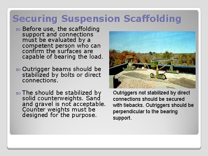 Securing Suspension Scaffolding Before use, the scaffolding support and connections must be evaluated by