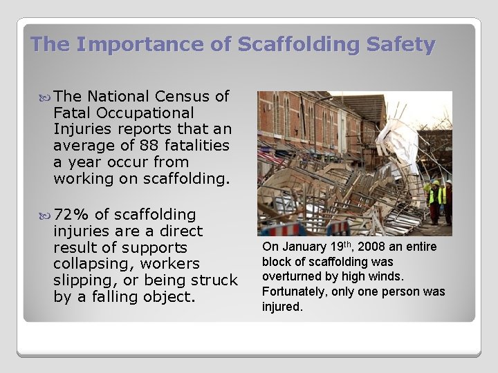 The Importance of Scaffolding Safety The National Census of Fatal Occupational Injuries reports that