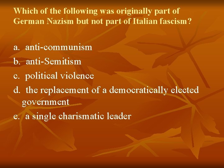 Which of the following was originally part of German Nazism but not part of