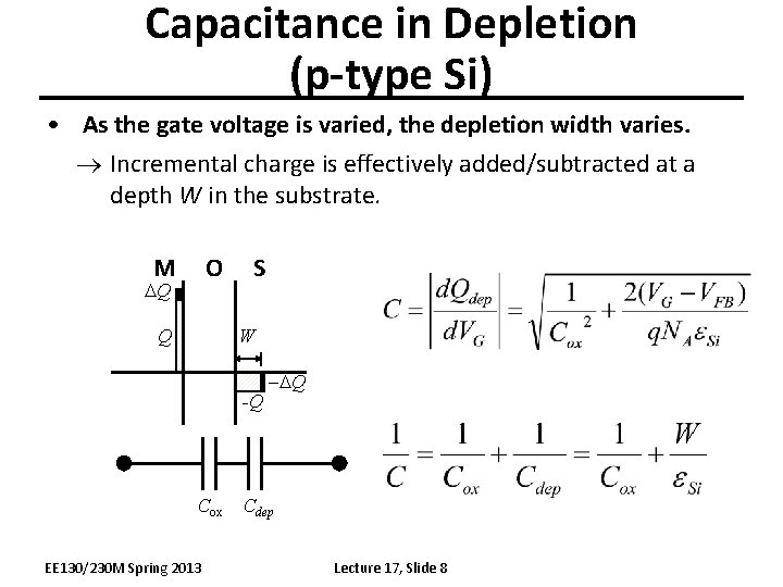 Capacitance in Depletion (p-type Si) • As the gate voltage is varied, the depletion