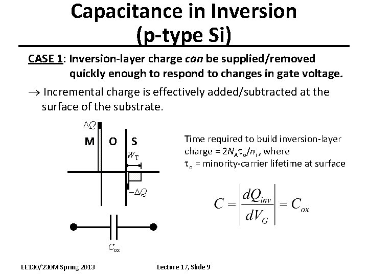 Capacitance in Inversion (p-type Si) CASE 1: Inversion-layer charge can be supplied/removed quickly enough