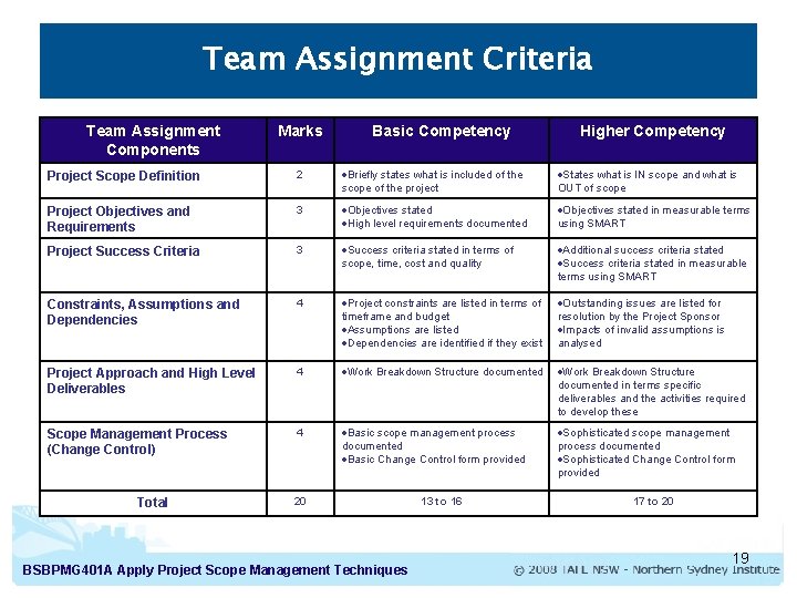 Team Assignment Criteria Team Assignment Components Marks Basic Competency Higher Competency Project Scope Definition