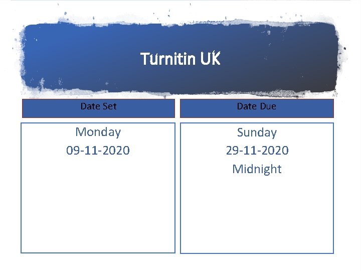 Turnitin UK Date Set Date Due Monday 09 -11 -2020 Sunday 29 -11 -2020