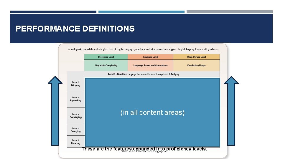 PERFORMANCE DEFINITIONS (in all content areas) These are the features expanded into proficiency levels.