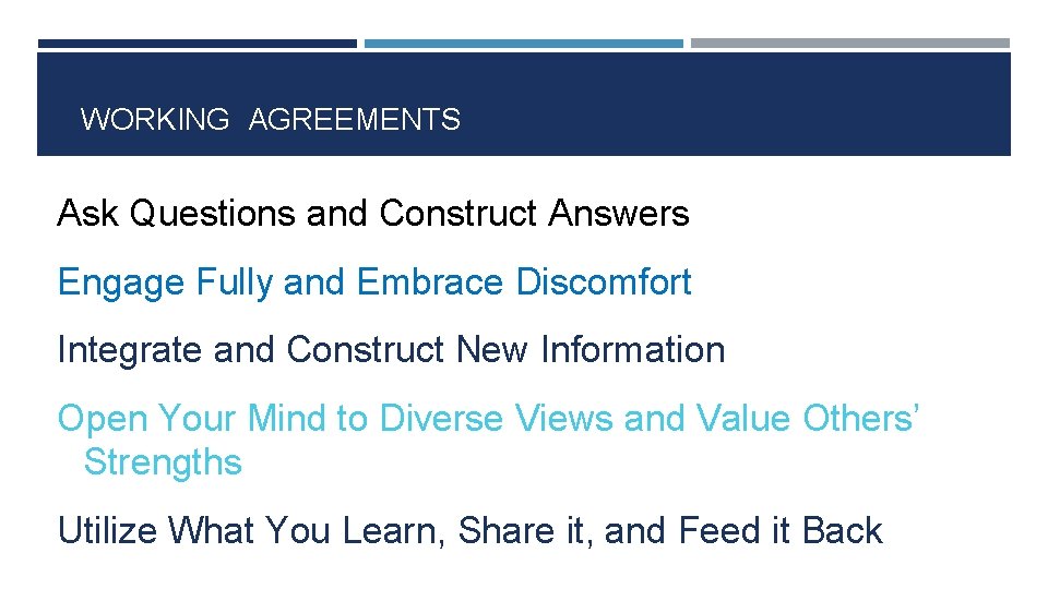 WORKING AGREEMENTS Ask Questions and Construct Answers Engage Fully and Embrace Discomfort Integrate and