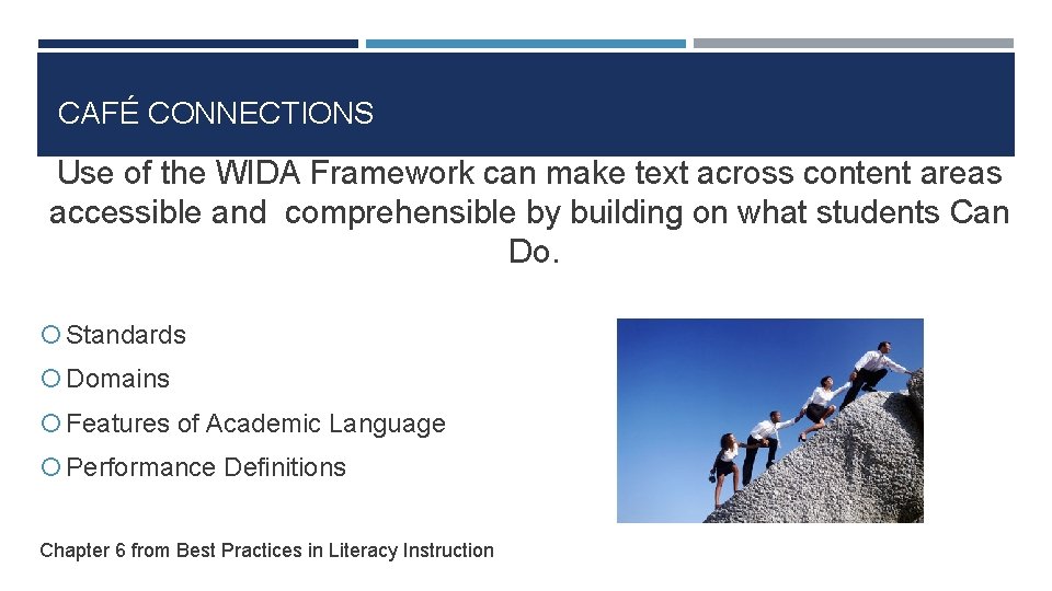 CAFÉ CONNECTIONS Use of the WIDA Framework can make text across content areas accessible