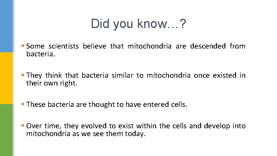 Did you know…? § Some scientists believe that mitochondria are descended from bacteria. §