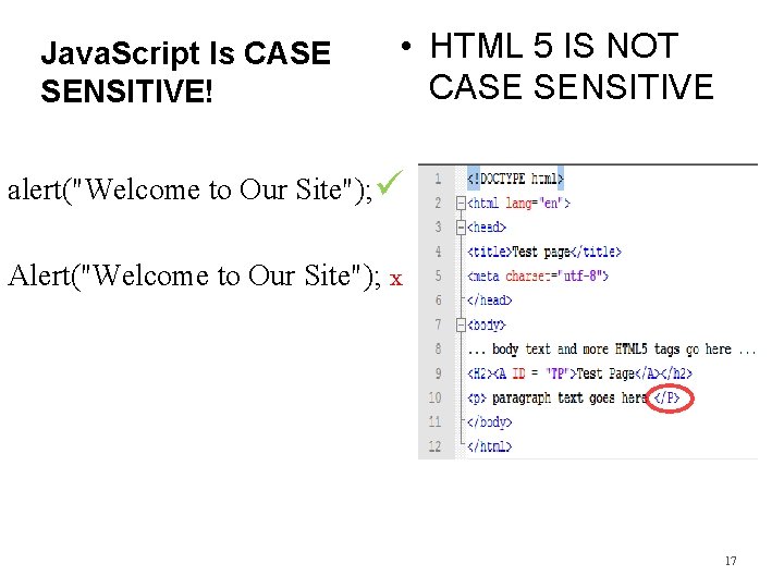 Java. Script Is CASE SENSITIVE! • HTML 5 IS NOT CASE SENSITIVE alert("Welcome to