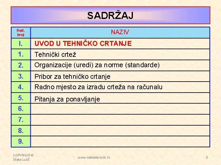 SADRŽAJ Red. broj NAZIV I. UVOD U TEHNIČKO CRTANJE 1. Tehnički crtež 2. Organizacije