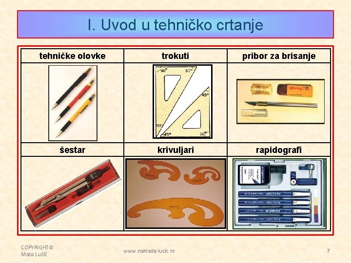 I. Uvod u tehničko crtanje tehničke olovke trokuti pribor za brisanje šestar krivuljari rapidografi