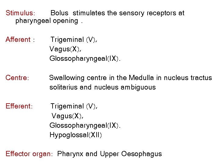Stimulus: Bolus stimulates the sensory receptors at pharyngeal opening. Afferent : Trigeminal (V), Vagus(X),