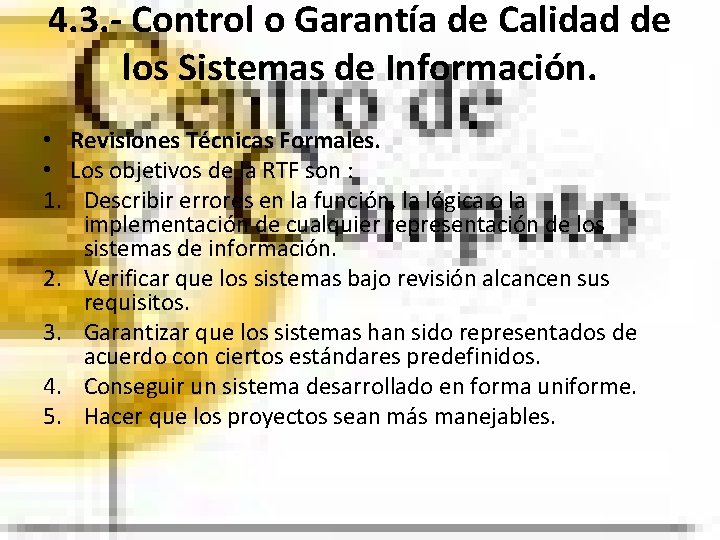 4. 3. - Control o Garantía de Calidad de los Sistemas de Información. •