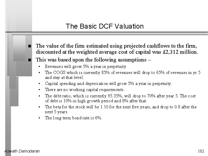The Basic DCF Valuation The value of the firm estimated using projected cashflows to