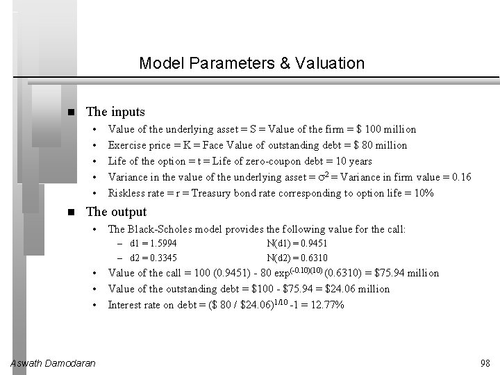 Model Parameters & Valuation The inputs • • • Value of the underlying asset