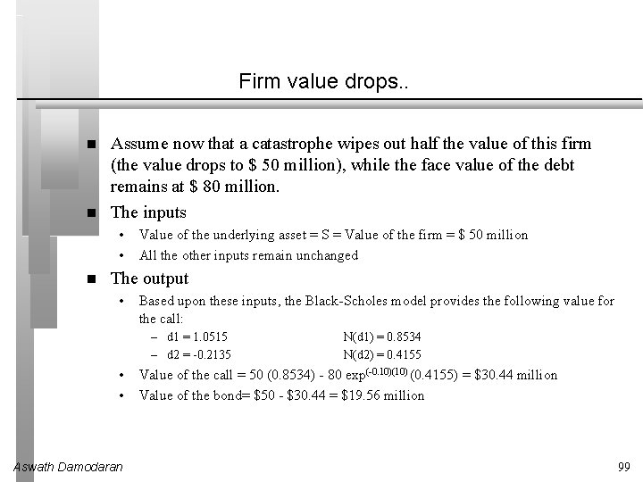 Firm value drops. . Assume now that a catastrophe wipes out half the value