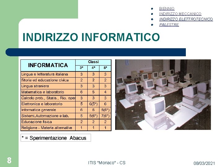 l l BIENNIO INDIRIZZO MECCANICO INDIRIZZO ELETTROTECNICO PALESTRE INDIRIZZO INFORMATICO 8 ITIS "Monaco" -