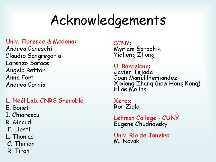 Acknowledgements Univ. Florence & Modena: Andrea Caneschi Claudio Sangregorio Lorenzo Sorace Angelo Rettori Anna