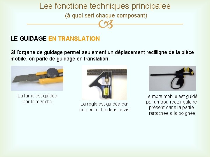 Les fonctions techniques principales (à quoi sert chaque composant) LE GUIDAGE EN TRANSLATION Si