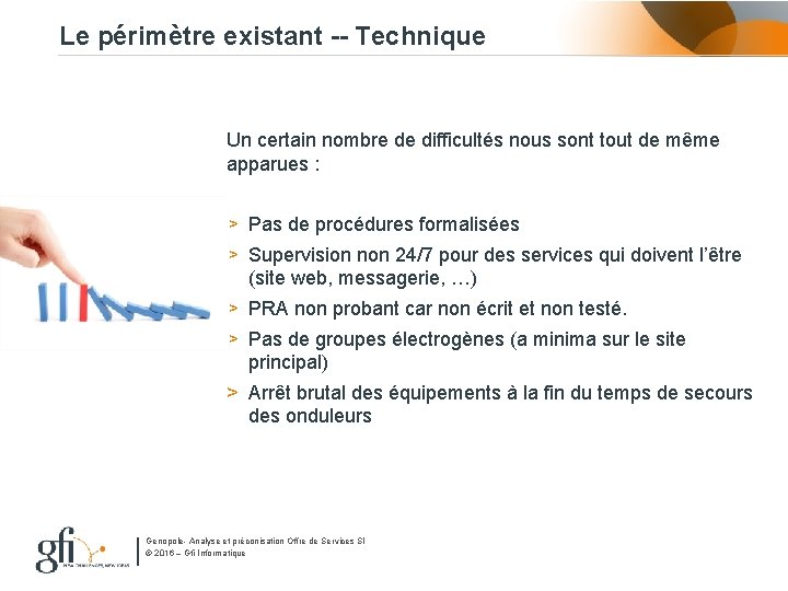 Le périmètre existant -- Technique Un certain nombre de difficultés nous sont tout de