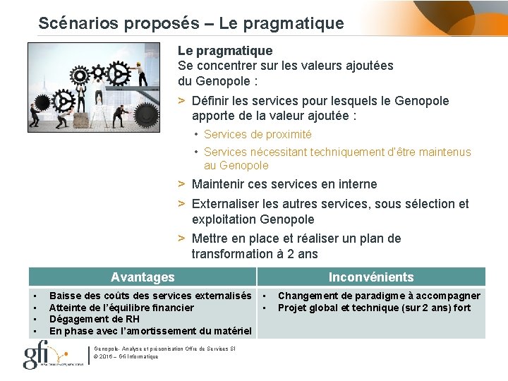 Scénarios proposés – Le pragmatique Se concentrer sur les valeurs ajoutées du Genopole :
