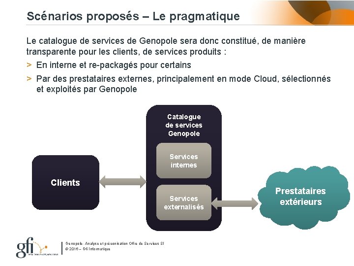 Scénarios proposés – Le pragmatique Le catalogue de services de Genopole sera donc constitué,