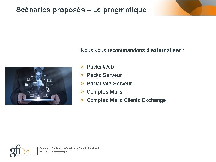 Scénarios proposés – Le pragmatique Nous vous recommandons d’externaliser : > > > Packs