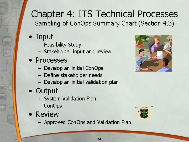 Chapter 4: ITS Technical Processes Sampling of Con. Ops Summary Chart (Section 4. 3) Chapter 4: ITS Technical Processes Sampling of Con. Ops Summary Chart (Section 4. 3)