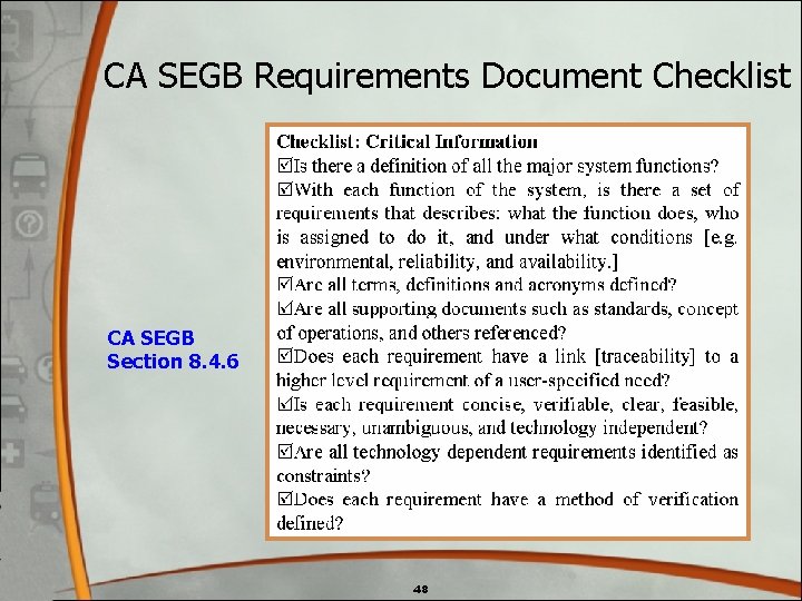 CA SEGB Requirements Document Checklist CA SEGB Section 8. 4. 6 48 CA SEGB Requirements Document Checklist CA SEGB Section 8. 4. 6 48