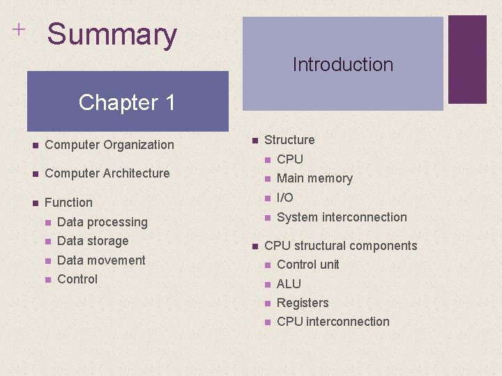 + Summary Introduction Chapter 1 n Computer Organization n Computer Architecture n Function n