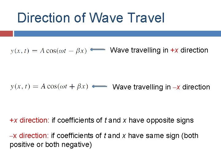 Direction of Wave Travel Wave travelling in +x direction Wave travelling in ‒x direction Direction of Wave Travel Wave travelling in +x direction Wave travelling in ‒x direction