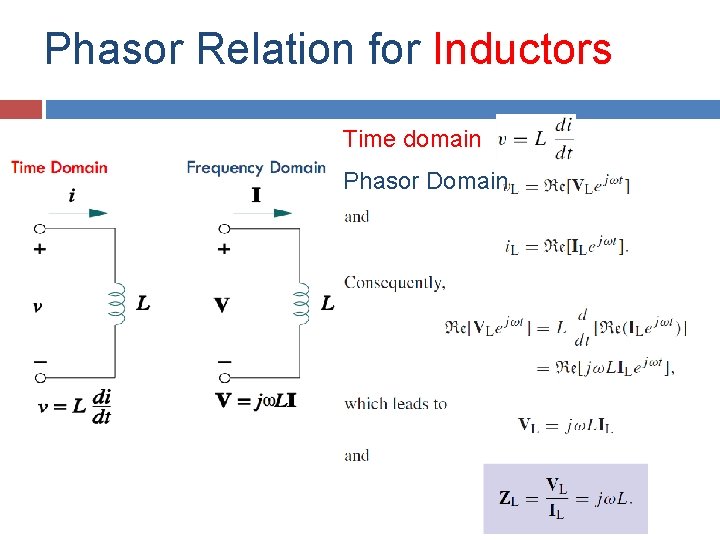 Phasor Relation for Inductors Time domain Phasor Domain Time Domain Phasor Relation for Inductors Time domain Phasor Domain Time Domain