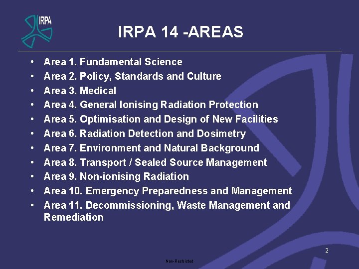 IRPA 14 -AREAS • • • Area 1. Fundamental Science Area 2. Policy, Standards