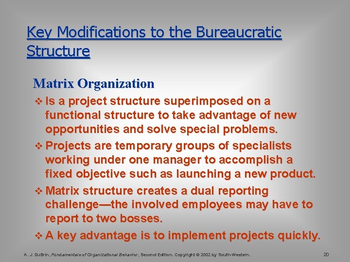 Key Modifications to the Bureaucratic Structure Matrix Organization v Is a project structure superimposed Key Modifications to the Bureaucratic Structure Matrix Organization v Is a project structure superimposed